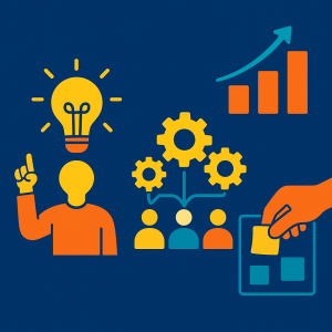 Illustrazione colorata che rappresenta collaborazione, idee e innovazione con figure umane, ingranaggi e post-it