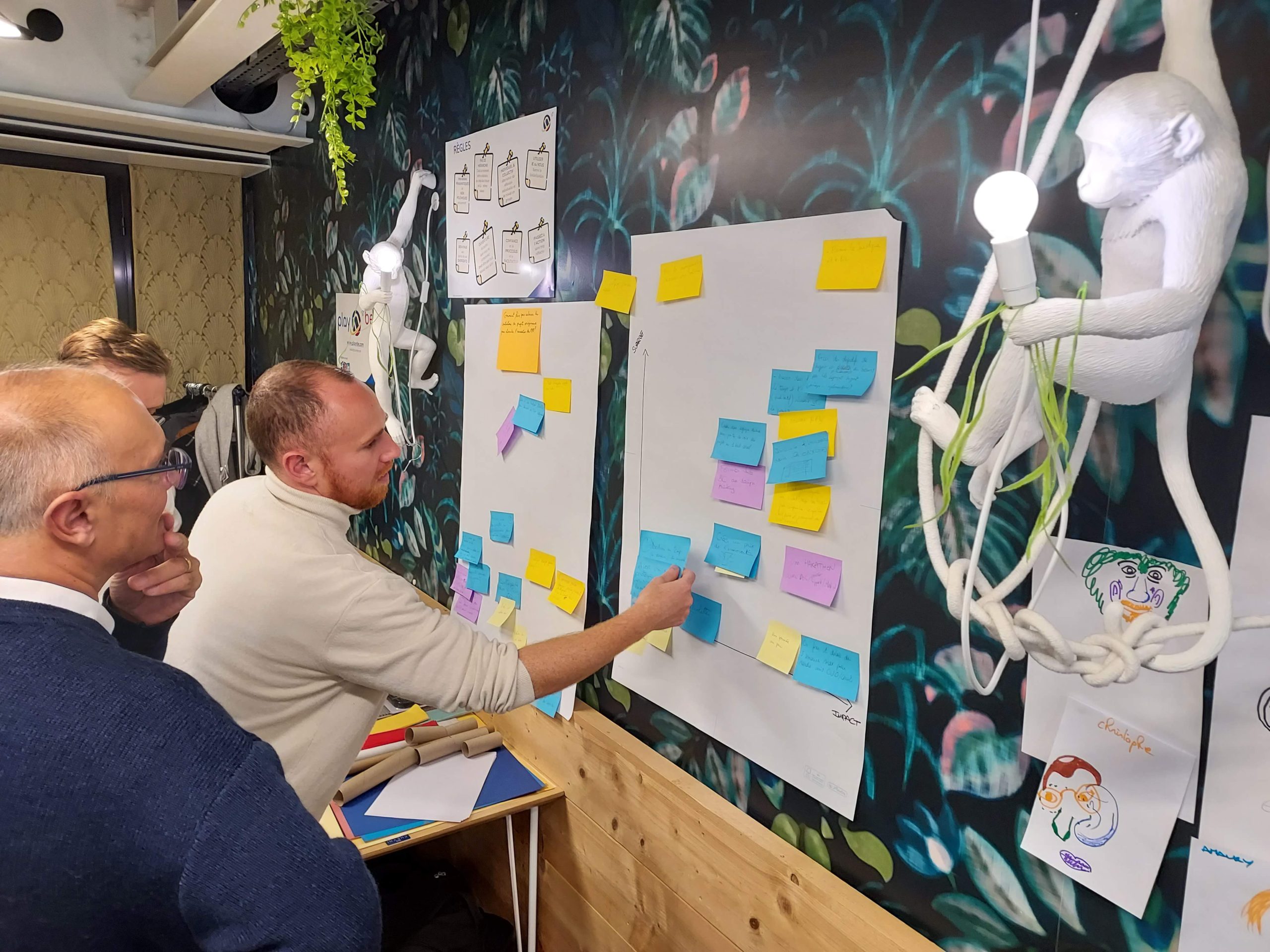 Sessione di Creative Problem Solving in azienda con facilitazione visiva Partecipanti a un workshop Playnbe che organizzano idee su una mappa con post-it