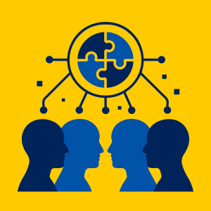 Illustrazione minimalista di persone connesse in dialogo, simbolo di intelligenza collettiva e facilitazione trasformativa in contesti aziendali.