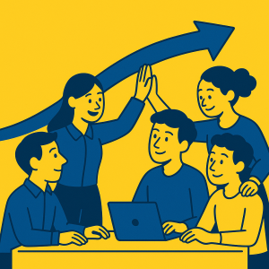 Team aziendale che collabora in un ambiente positivo, con gesto di high-five e freccia che simboleggia crescita, su sfondo giallo e blu del brand Playnbe
